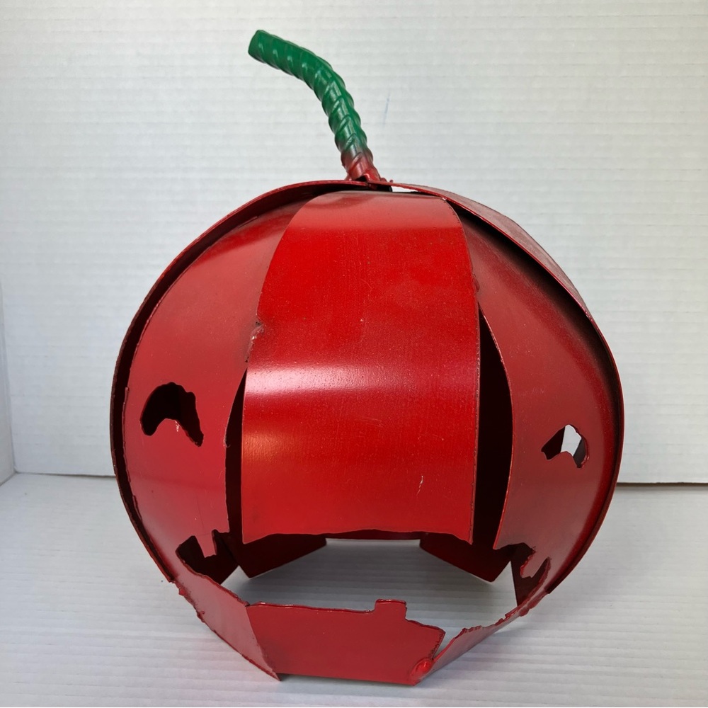 Red Metal Art Pumpkin Lantern with Green Stem Wyoming Crafter Halloween Fall